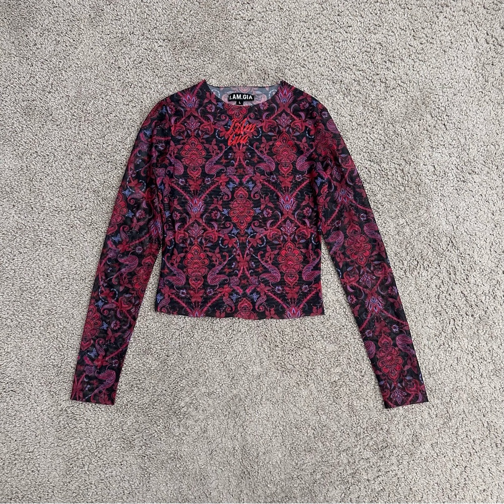 I.AM.GIA Paisley Semi Sheer Mesh Long-Sleeve Crop Top Womens L
